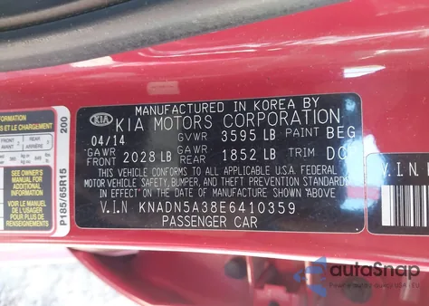 2014 Kia Rio Ex z USA, uszkodzony, nr VIN KNADN5A38E6410359